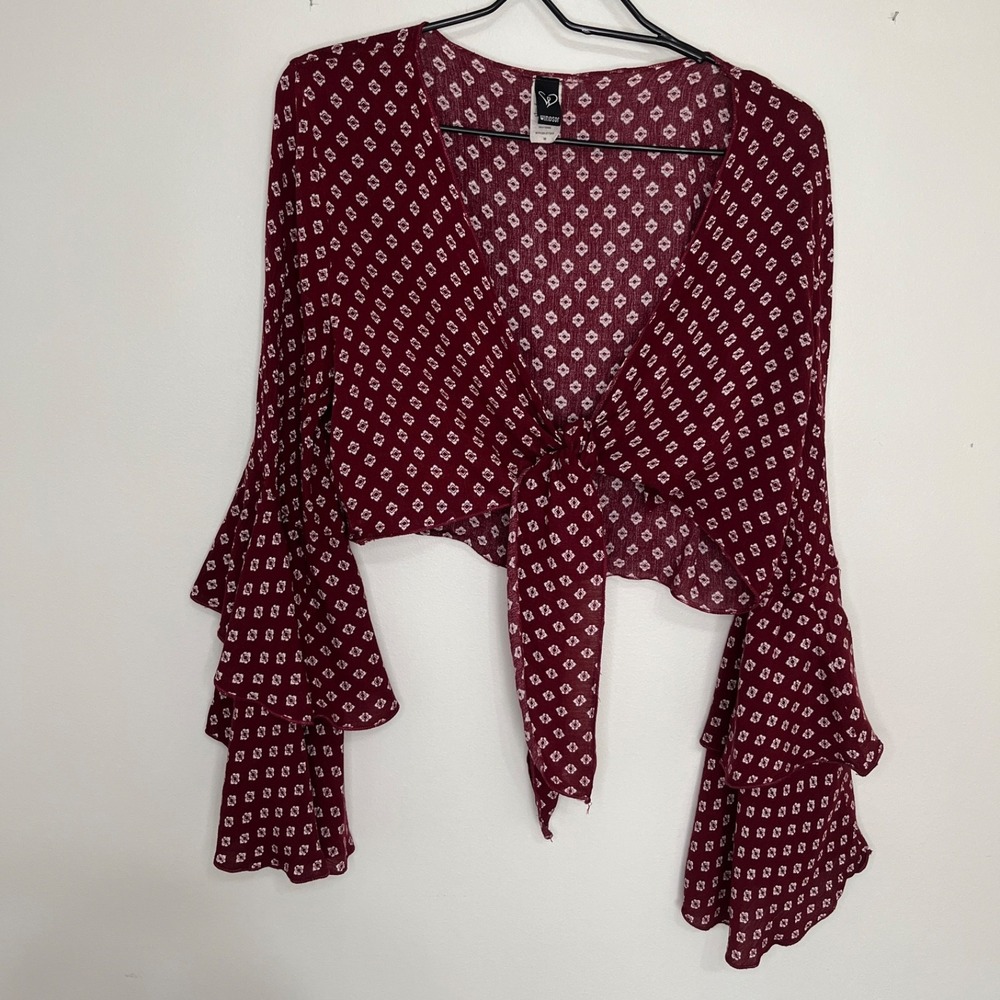 Tie Front Crop Top Junior's M Whimsigoth Boho Tiered Bell Sleeve Layering